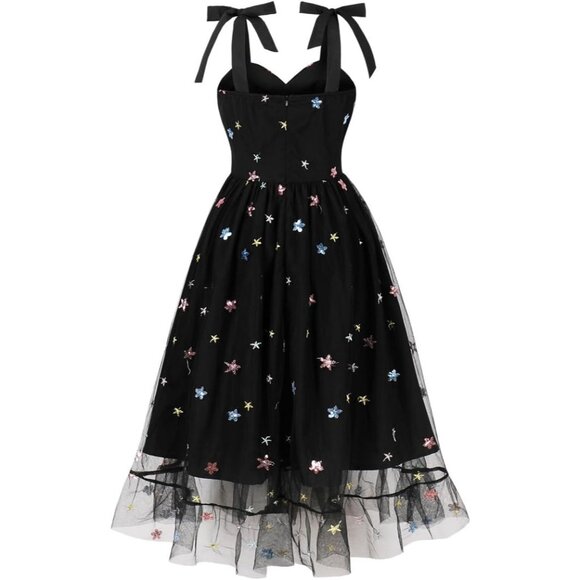 Women's Tie Strap Tulle Prom Dresses Sweetheart Flower Embroidery Dress - Picture 2 of 6